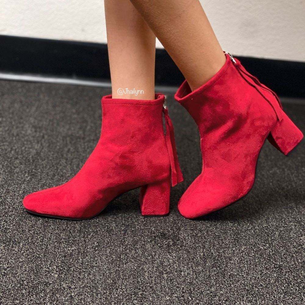 Red block heel tassel ankle bootie